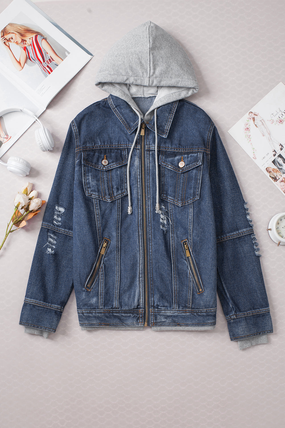 Veste en jean zippée à capuche