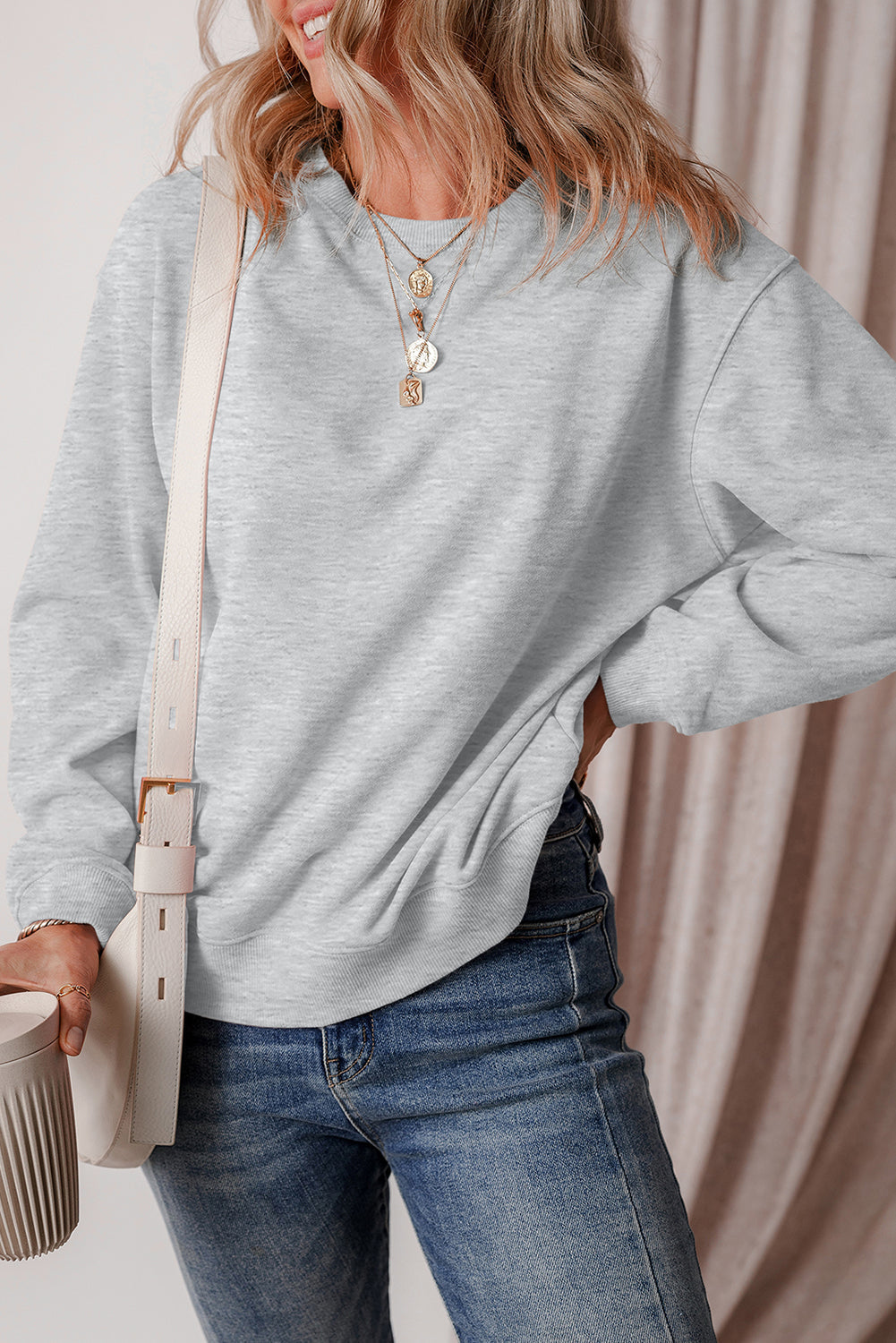 Sweat-shirt en tissu éponge à épaules tombantes doublé de polaire uni