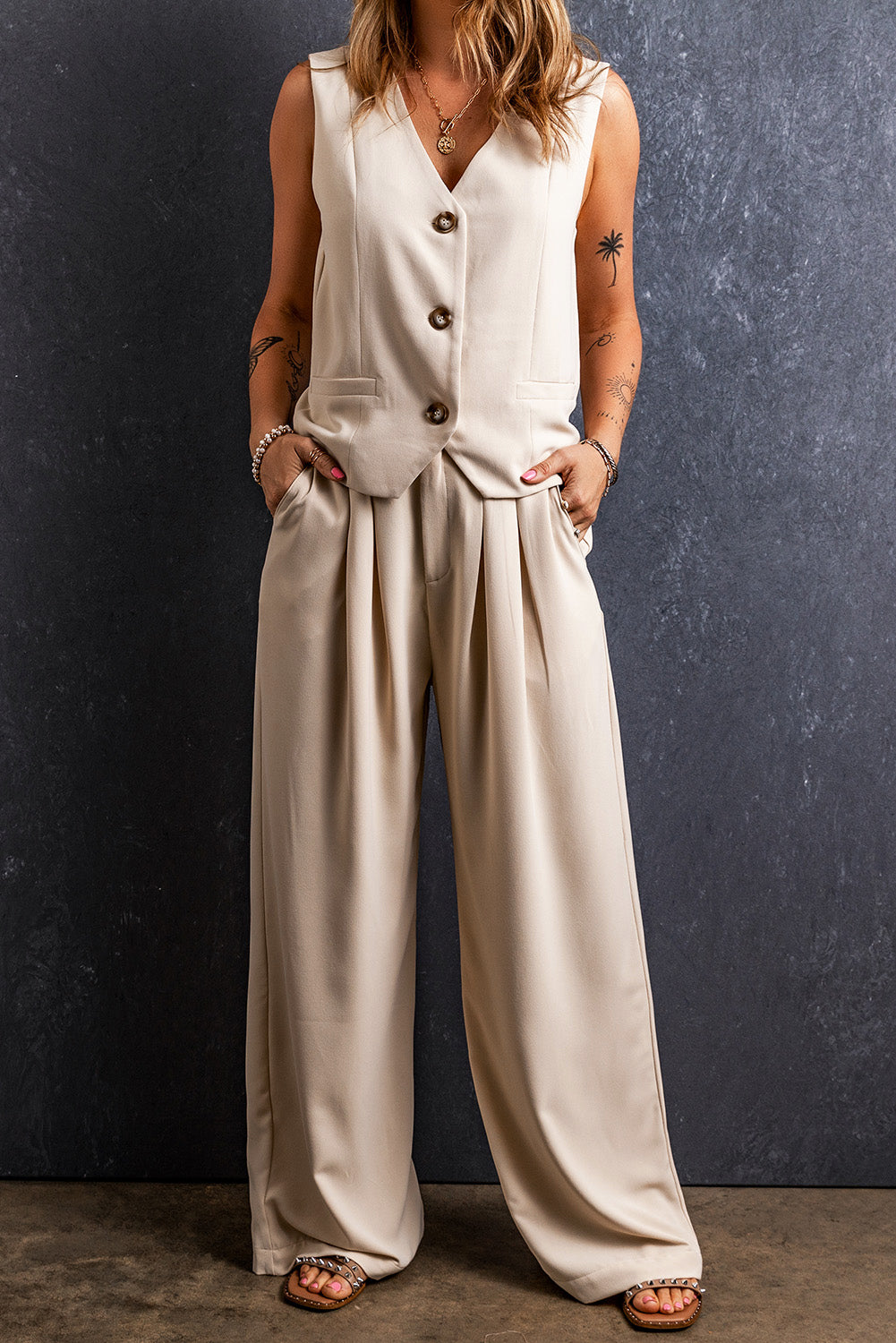 Pantalon large plissé à taille élastique
