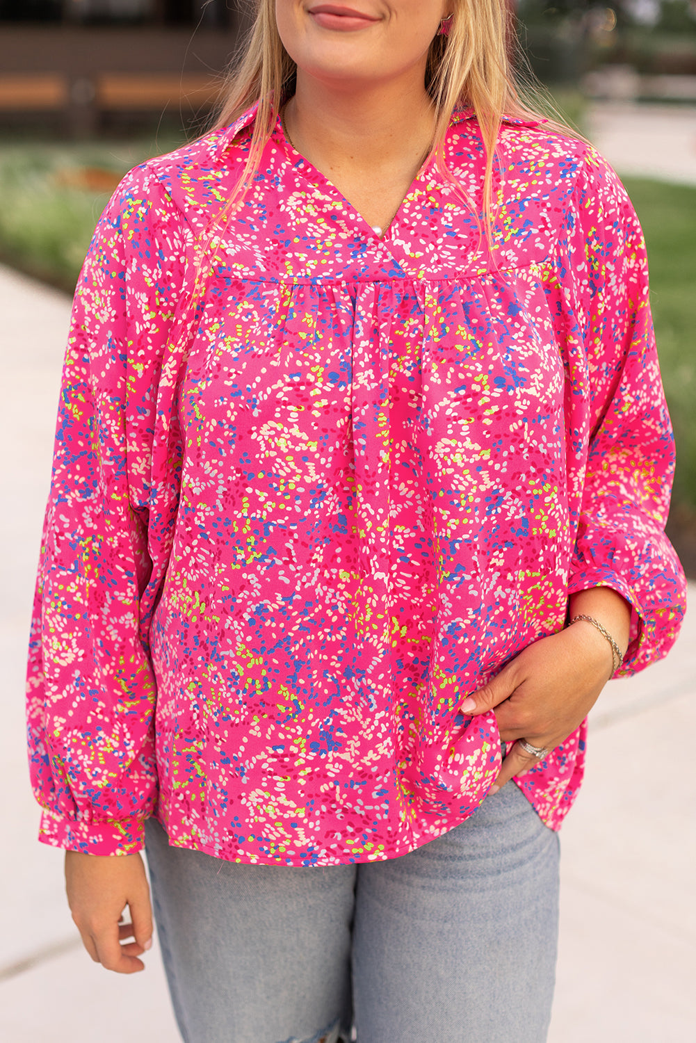 Chemisier Imprimé Floral a Manches Bouffantes et Col en V de Grande Taille