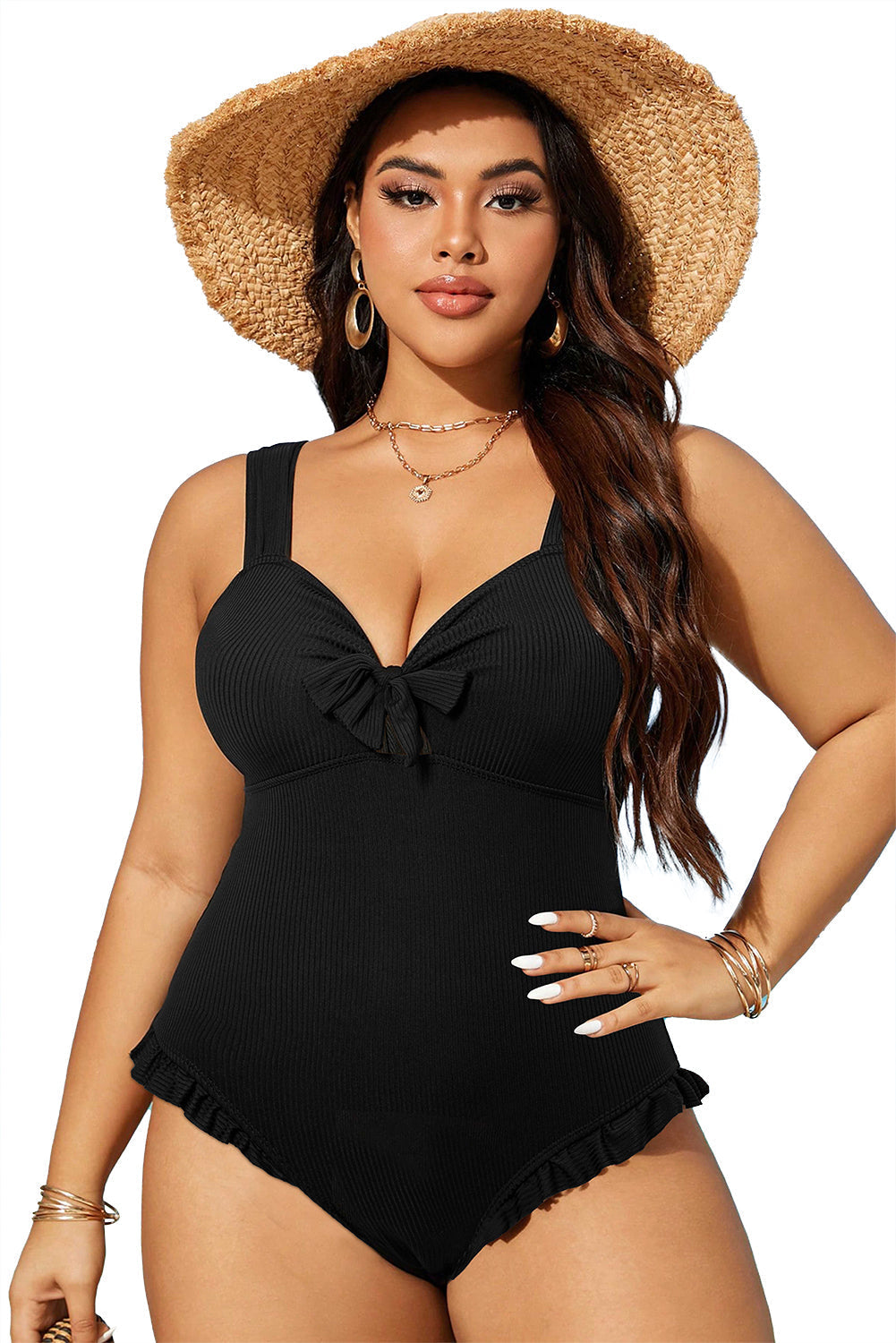 Maillot de bain une pièce texturé grande taille avec bordure à volants et nœuds