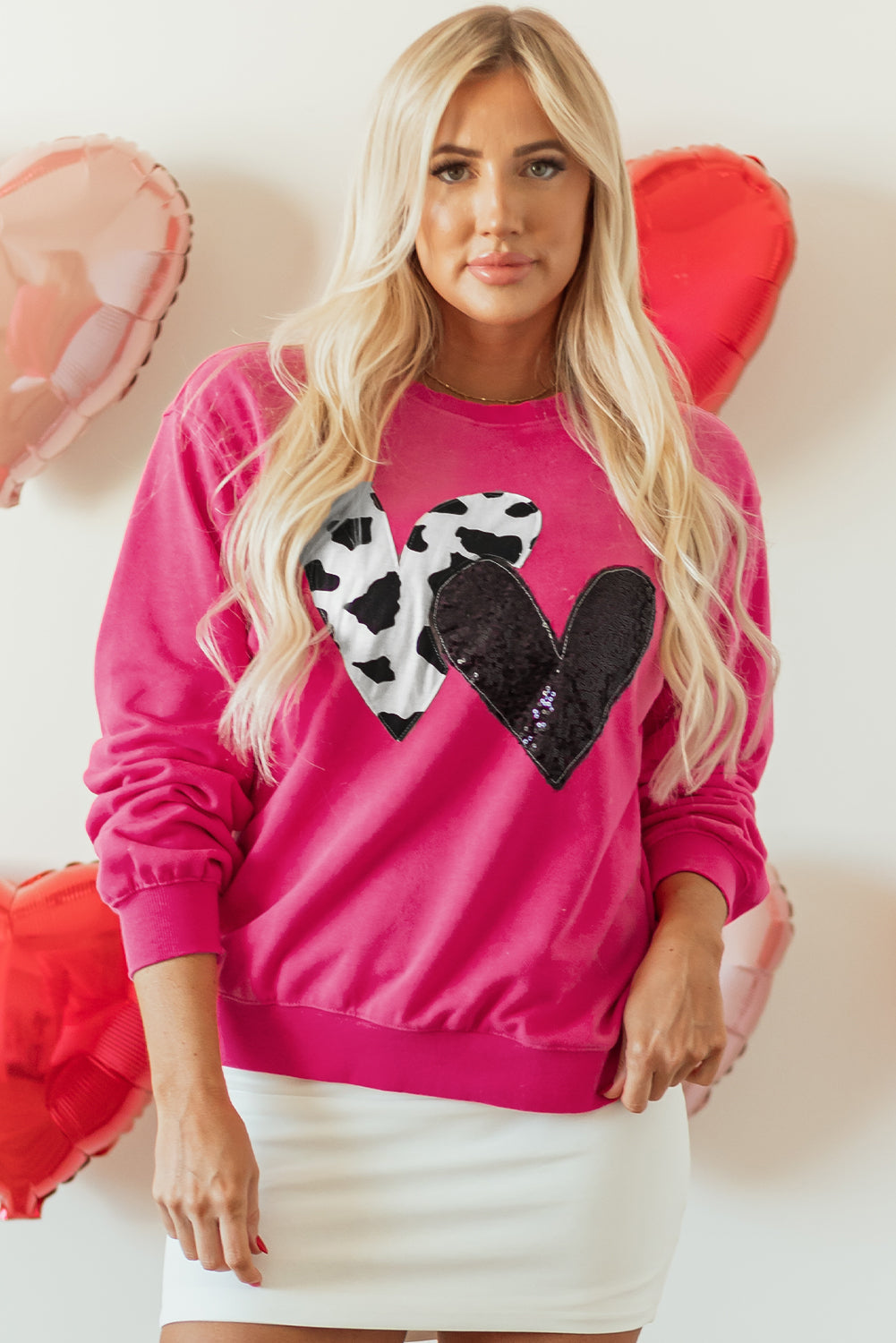 Sweat-shirt graphique a patch double cœur en vache et sequins