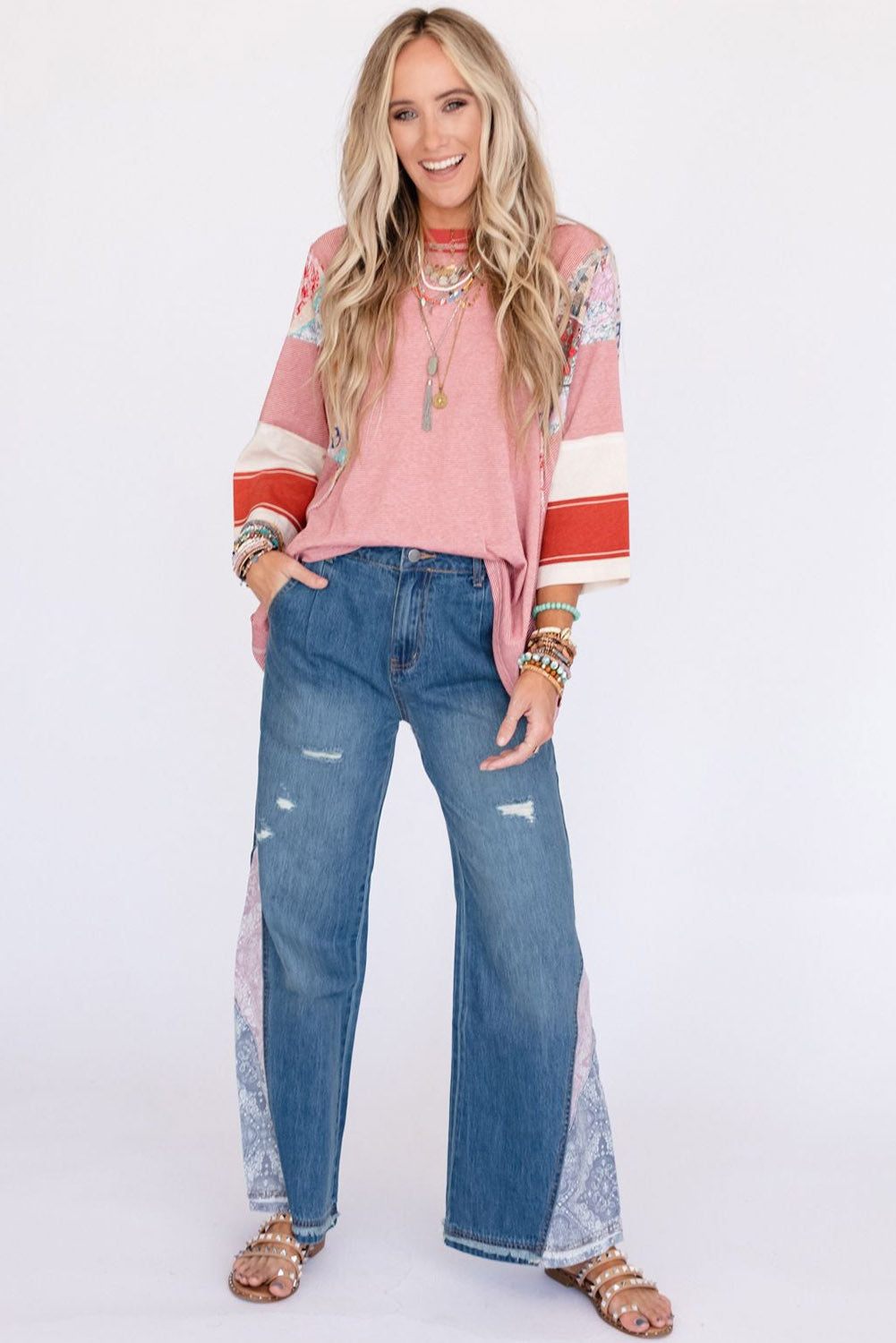 Haut oversize patchwork a fines rayures et blocs de couleurs