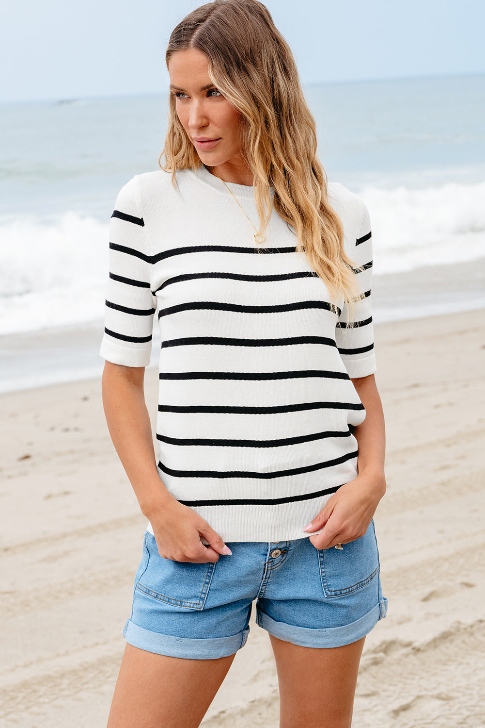 T-shirt tricoté a manches mi-longues rayé