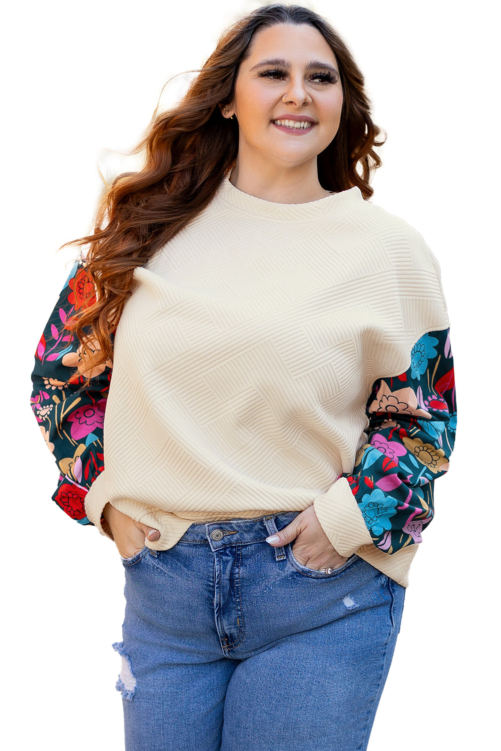 Haut Pull Texturé Floral a Manches Patchwork de Grande Taille