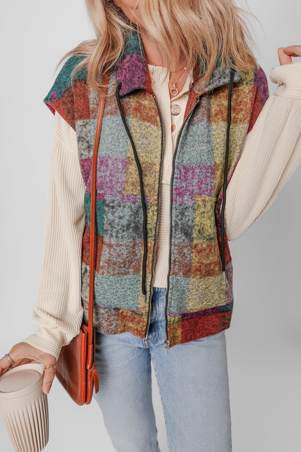 Gilet ample zippé a carreaux et poches latérales