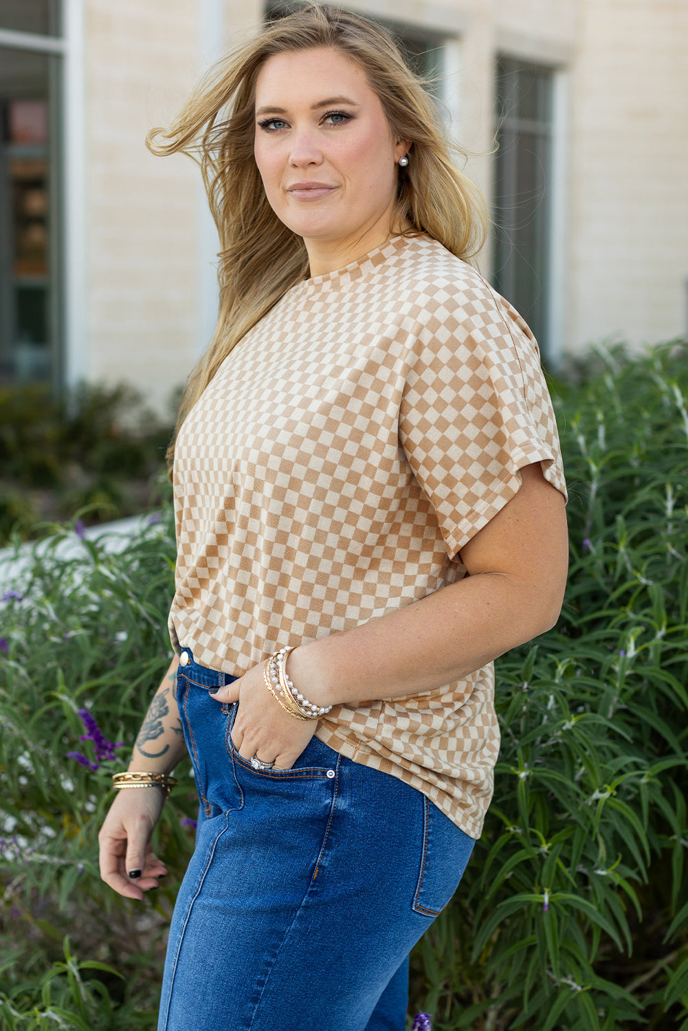 T-shirt a manches courtes et chauve-souris en damier, col rond, grande taille