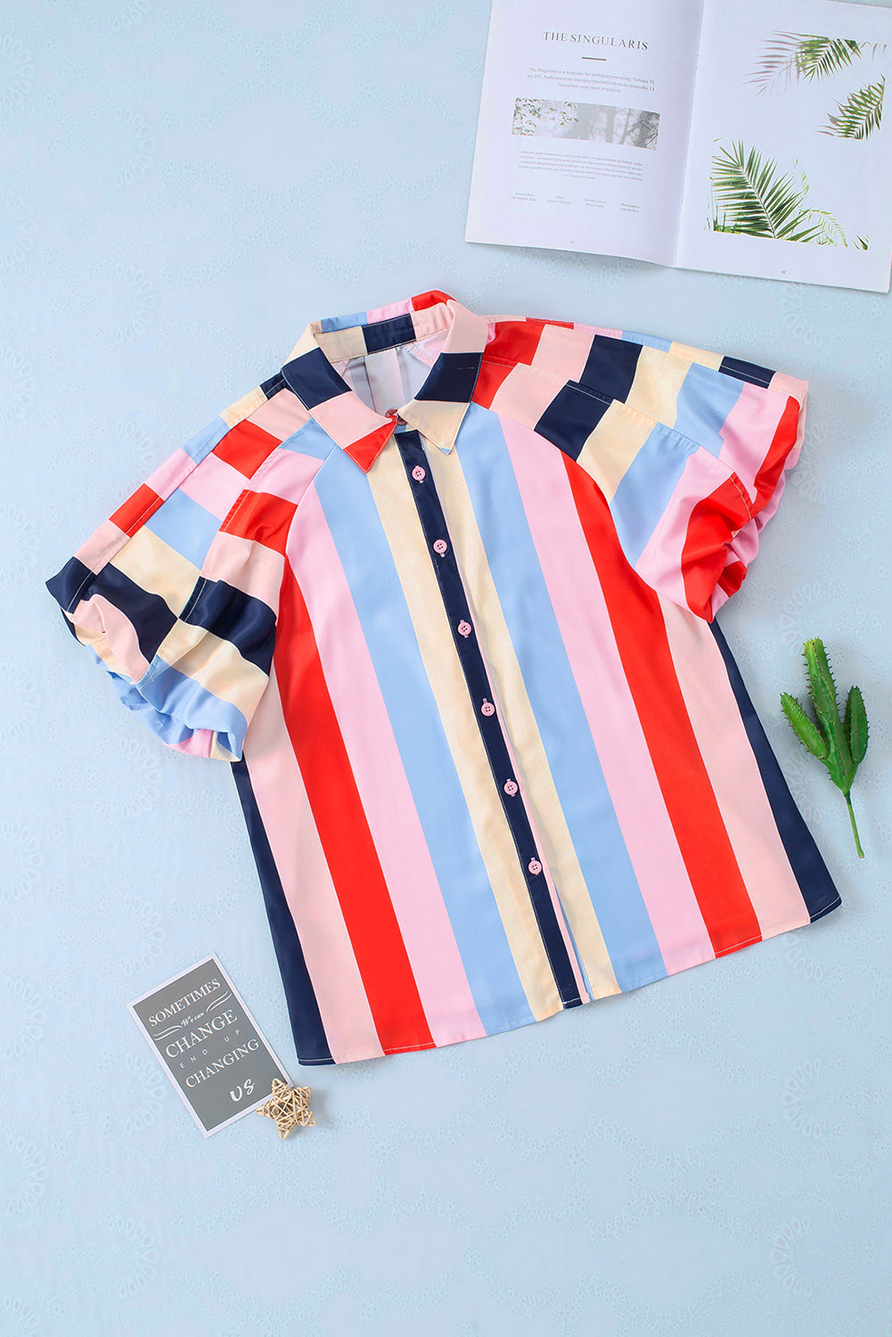 Chemise boutonnée à manches bouffantes et rayures color block