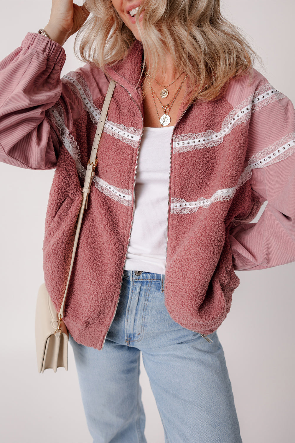 Veste zippée en sherpa patchwork en dentelle avec poignets élastiques