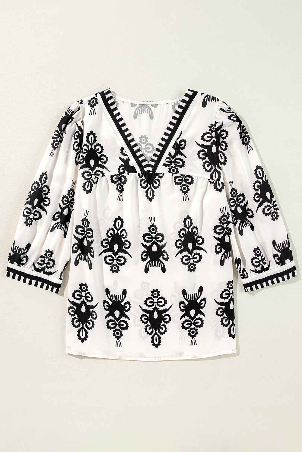 Blouse Vintage à Imprimé Géométrique à Manches 3/4 et Col en V
