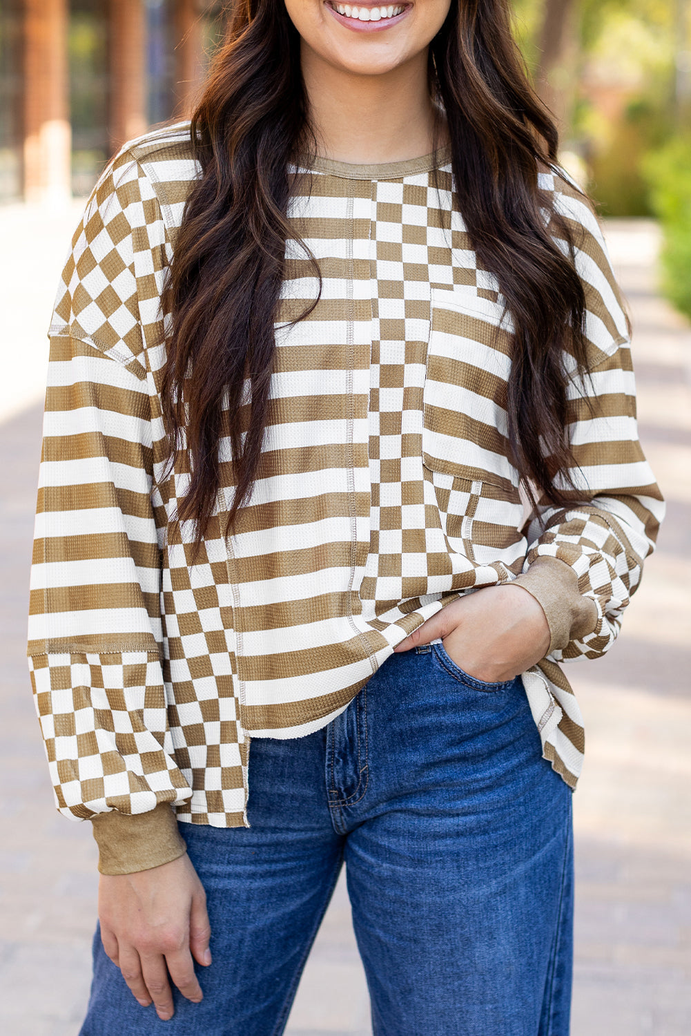 Blouse a poches et manches lanternes en patchwork rayé en damier