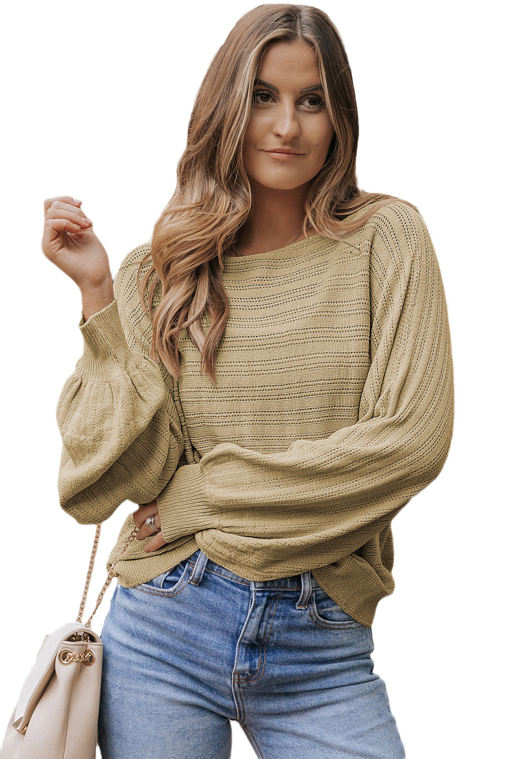 Pull en tricot texturé à œillets et manches lanternes
