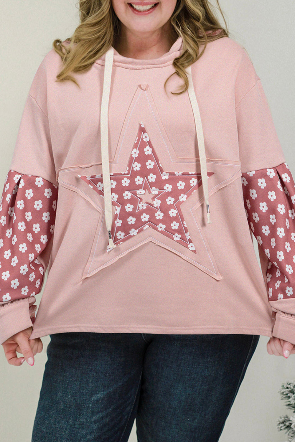 Sweat a Capuche a Cordon de Couleur Floral Graphique a Patch Étoile de Grande Taille