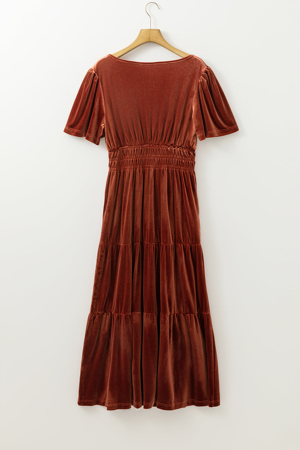 Robe longue en velours a manches courtes et taille froncée a plusieurs niveaux