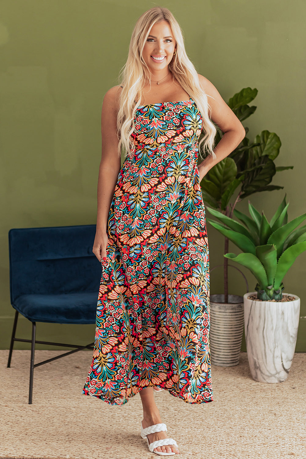 Robe longue bohème à imprimé floral et fines bretelles, sans manches, taille haute