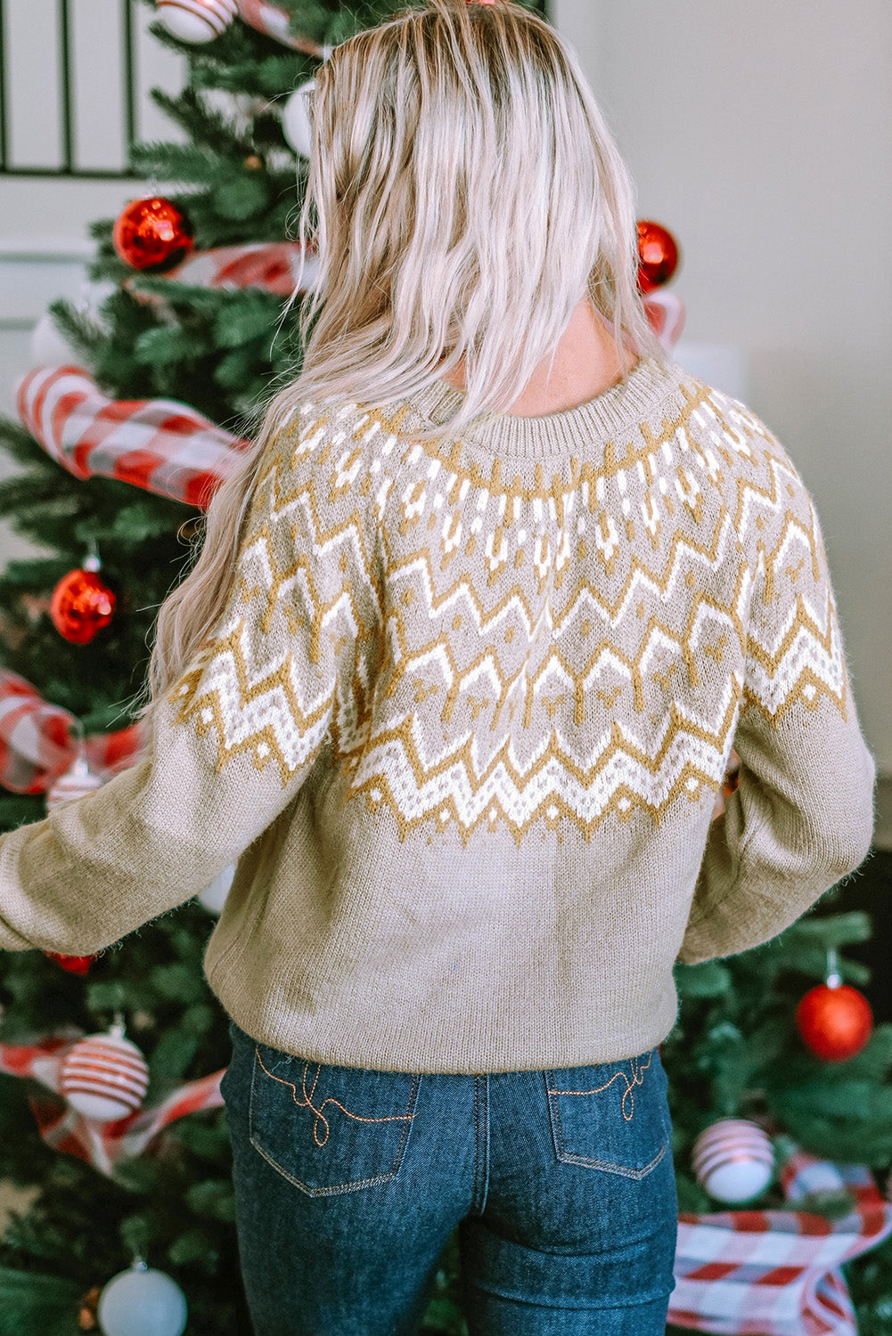 Pull col rond côtelé à motif géométrique