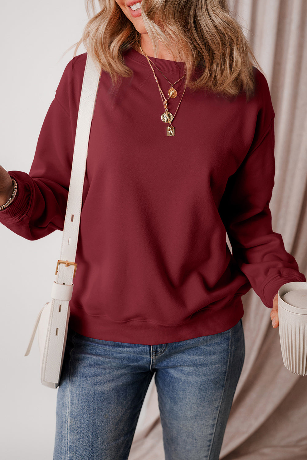 Sweat-shirt en tissu éponge à épaules tombantes doublé de polaire uni
