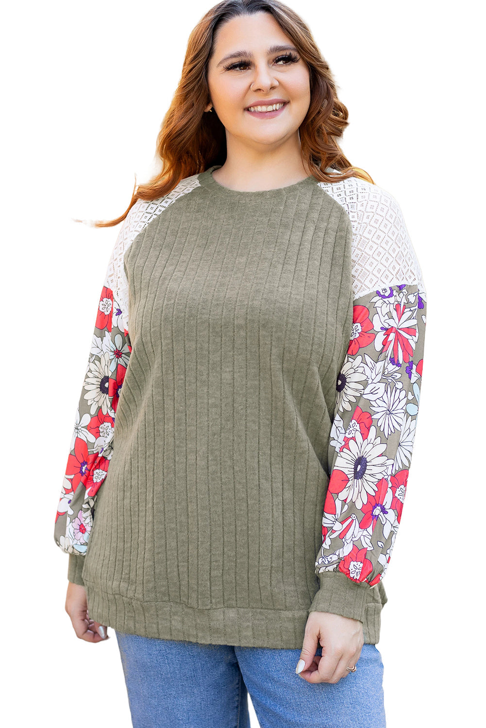 Chemisier texturé a manches raglan et patchwork floral de grande taille