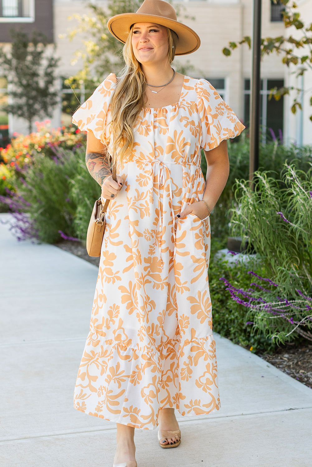 Robe longue de villégiature a manches courtes bouffantes et imprimé floral, grande taille