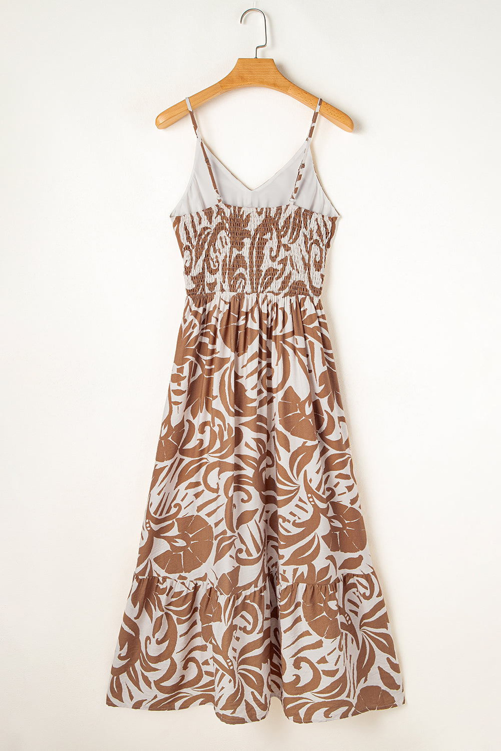 Robe longue à fleurs froncées, taille haute, bretelles spaghetti