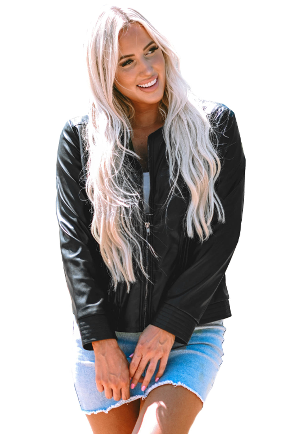 Blouson aviateur coupe slim en similicuir uni avec fermeture éclair