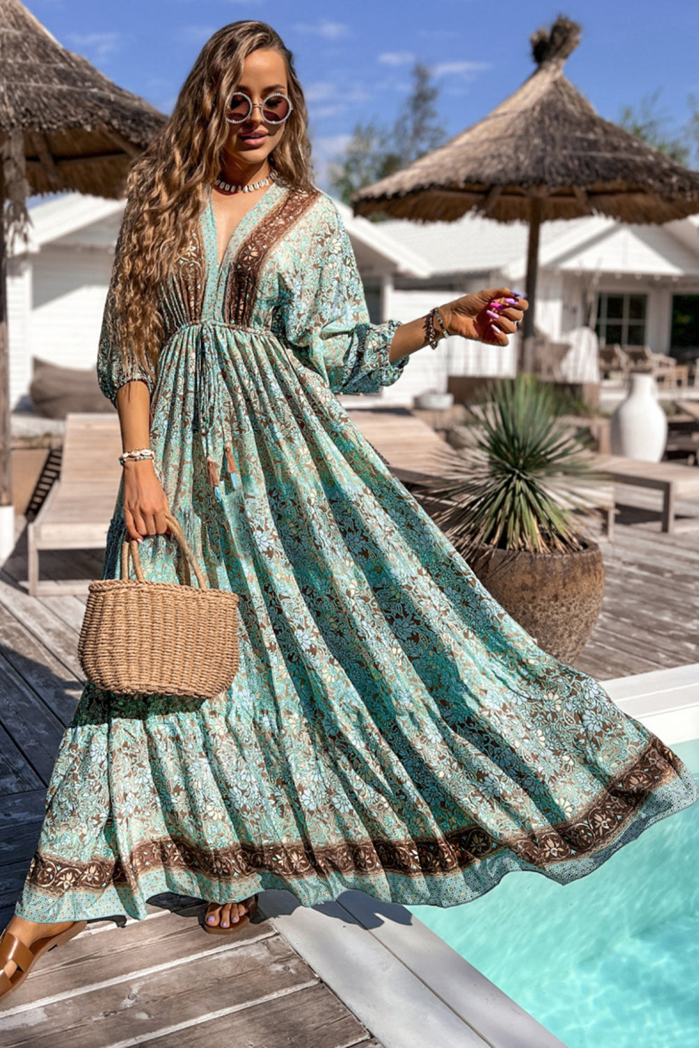Robe longue bohème à imprimé floral, dos nu, taille haute et lacets