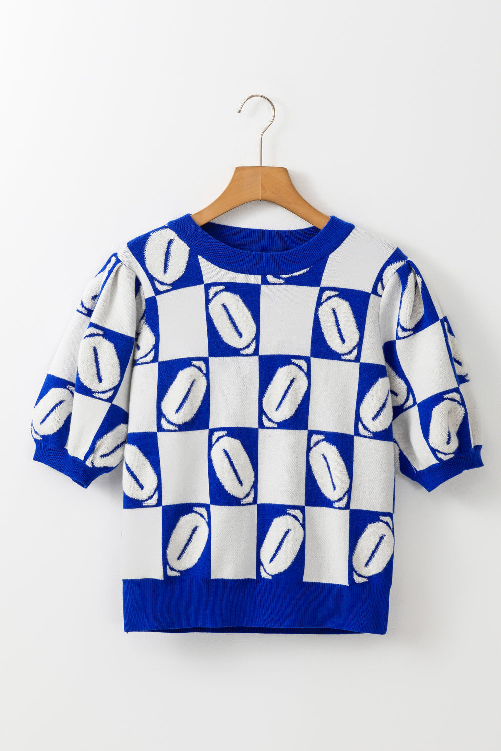 Pull a manches courtes bouffantes en blocs de couleurs a carreaux Rugby