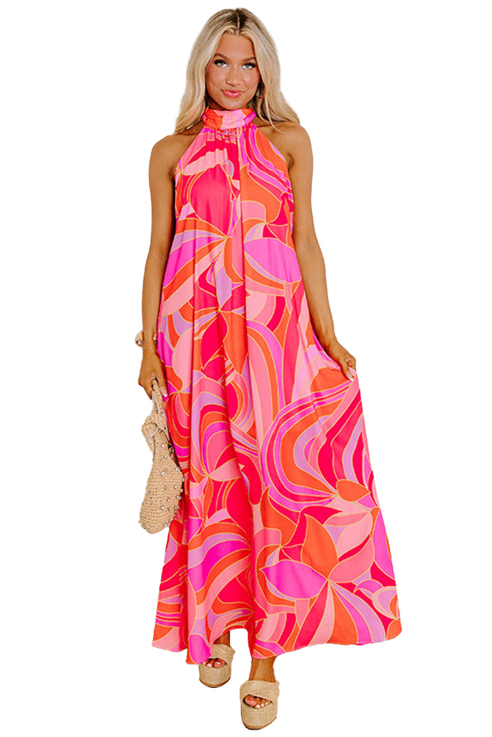 Robe longue sans manches à imprimé abstrait, col haut et nuque nouée