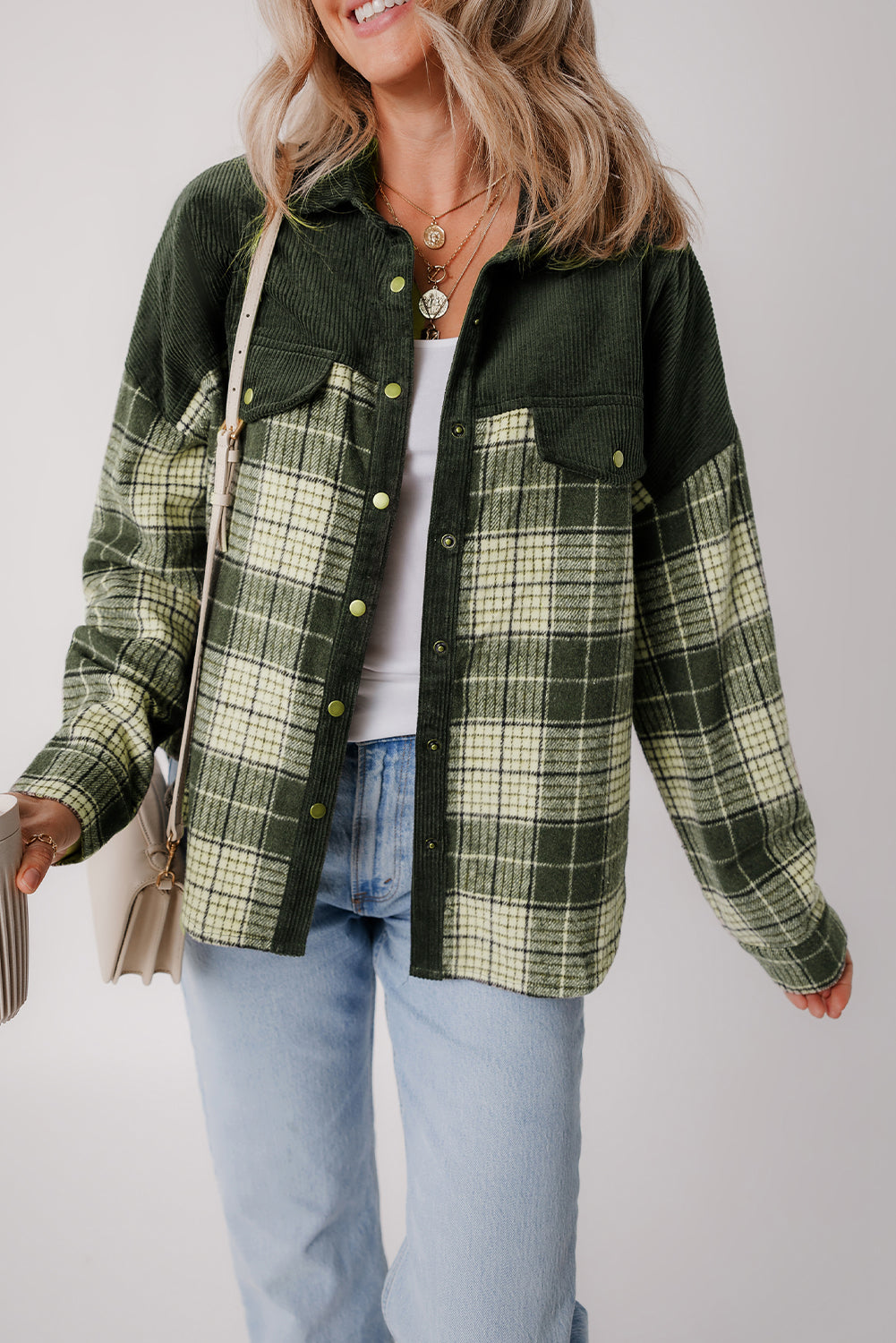 Veste à carreaux color block avec boutons-pression
