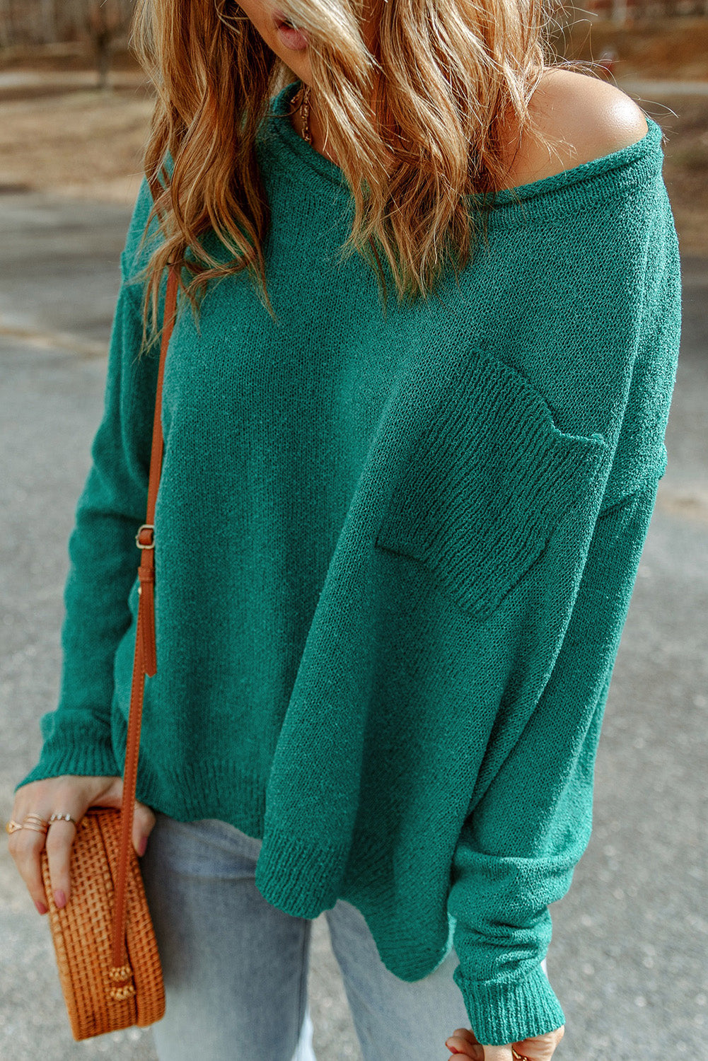 Pull en tricot côtelé à épaules dénudées de couleur unie avec poche