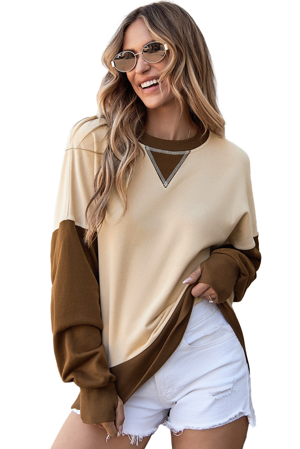 Sweat-shirt a épaules tombantes et manches avec trou pour le pouce en bloc de couleur