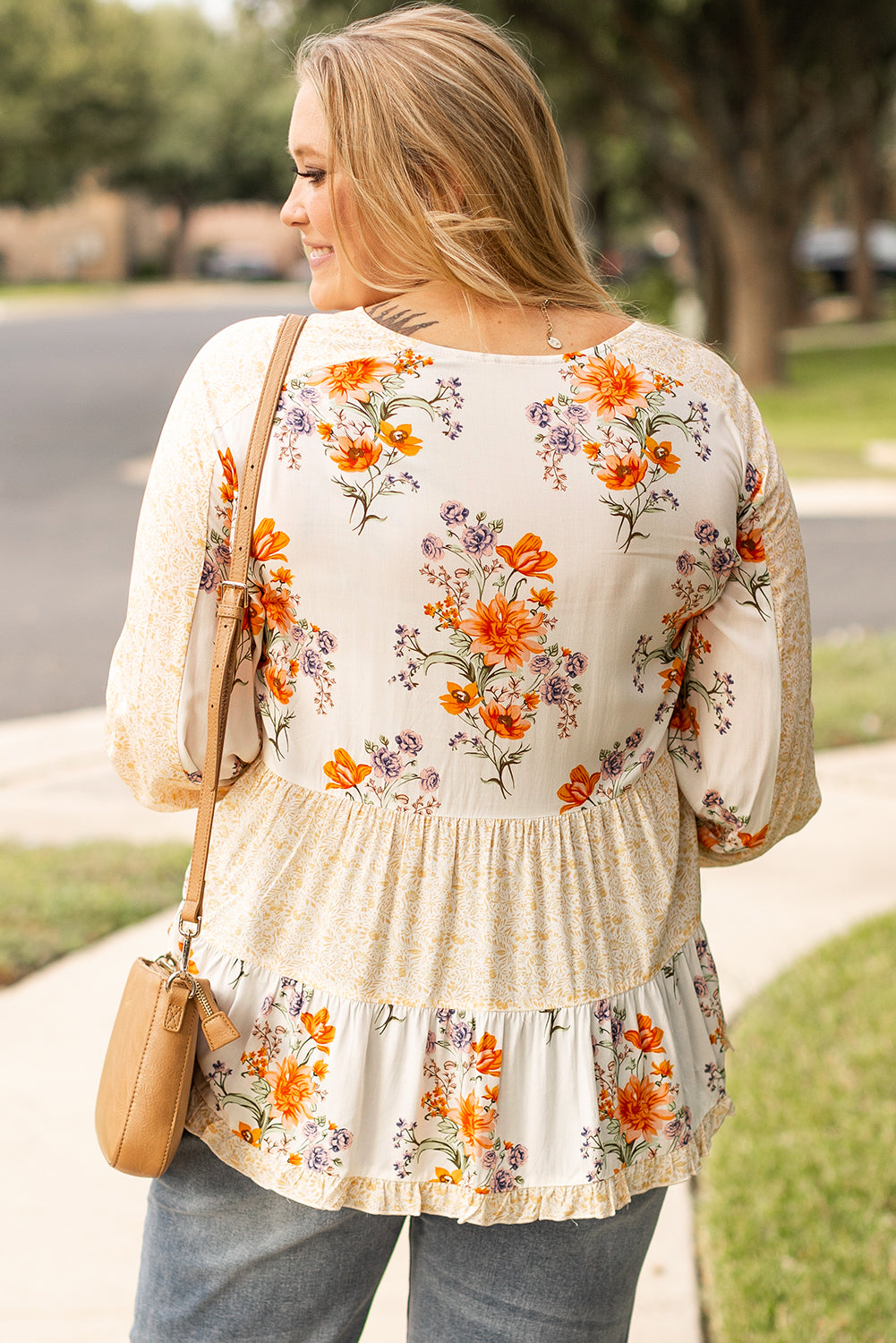 Chemisier Imprimé Floral a Col en V et Manches Bouffantes de Grande Taille