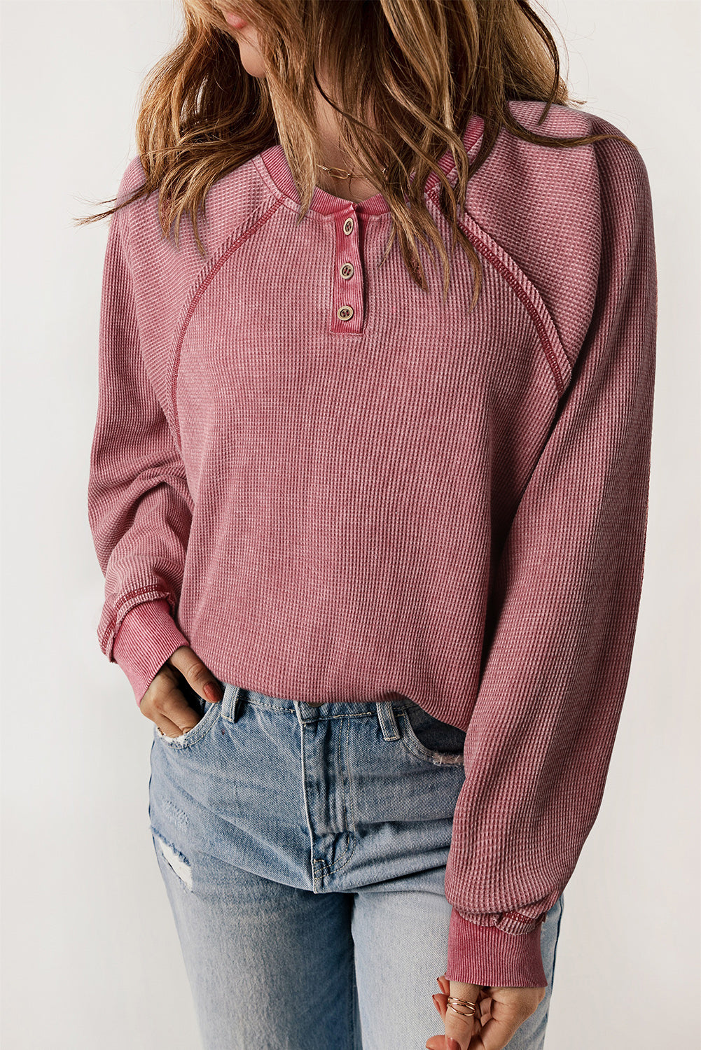 Sweat Henley en tricot gaufré à manches raglan