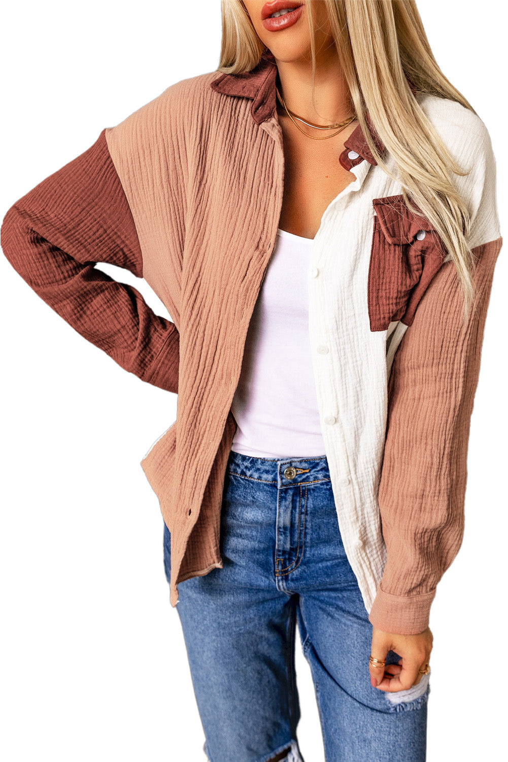 Chemise à manches longues texturée en blocs de couleurs avec poche