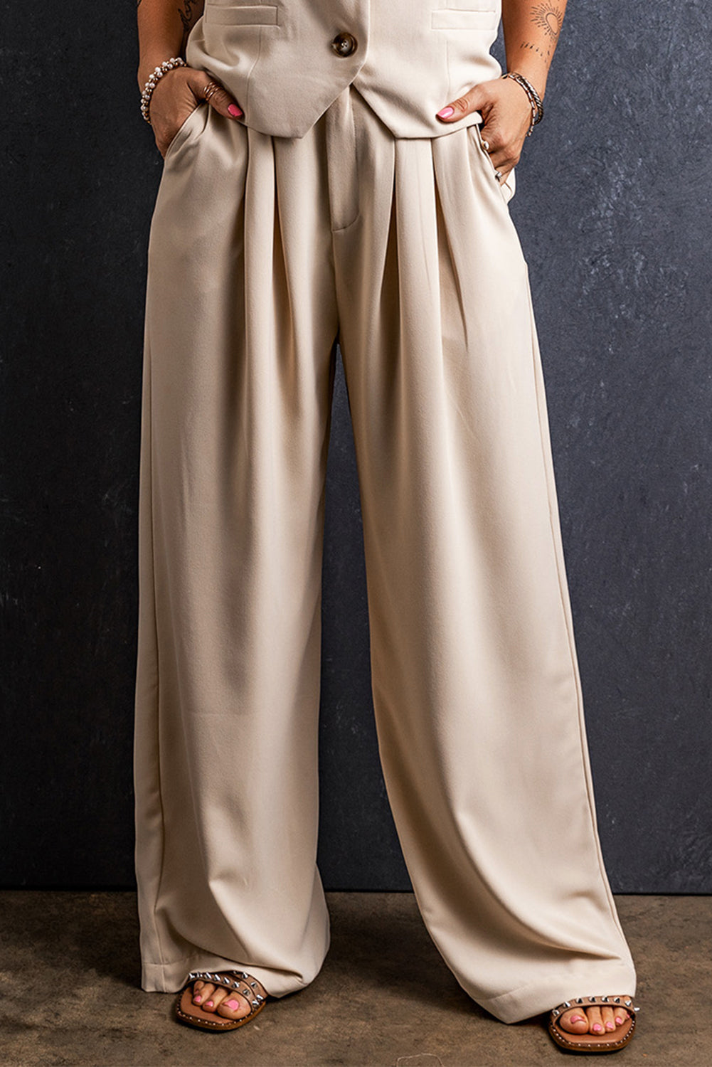 Pantalon large plissé à taille élastique