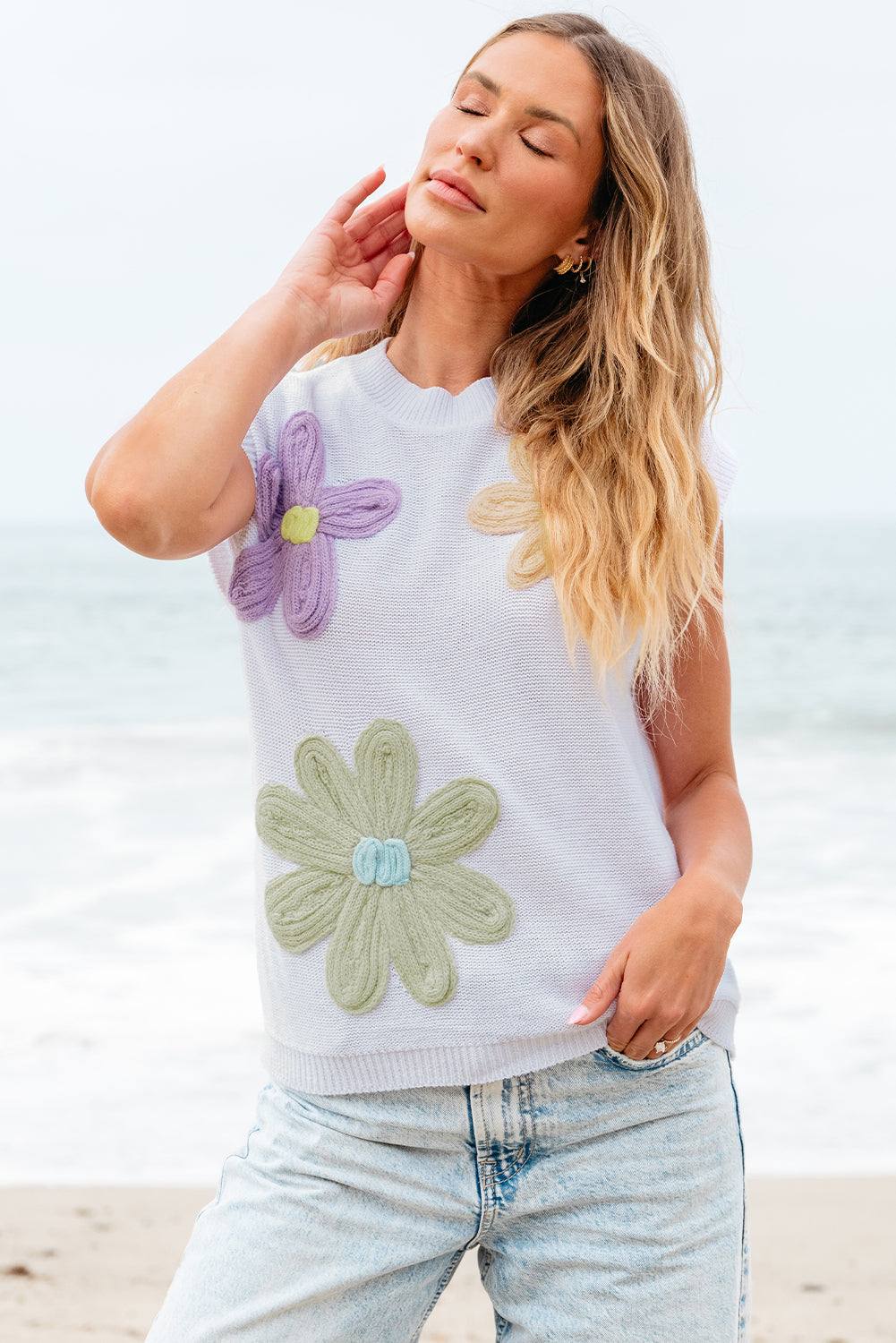 Pull a manches courtes en tricot a fleurs au crochet multicolore