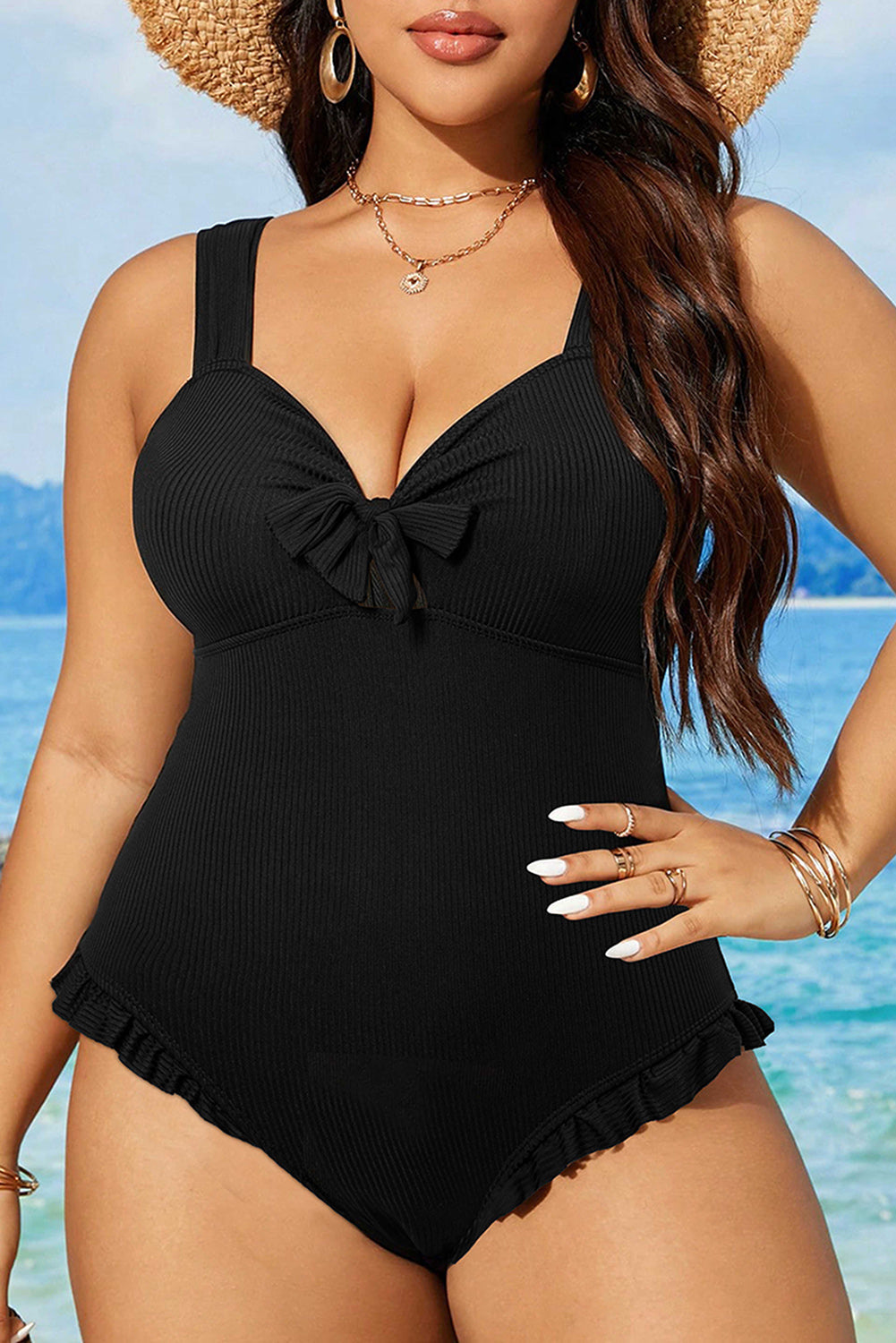 Maillot de bain une pièce texturé grande taille avec bordure à volants et nœuds