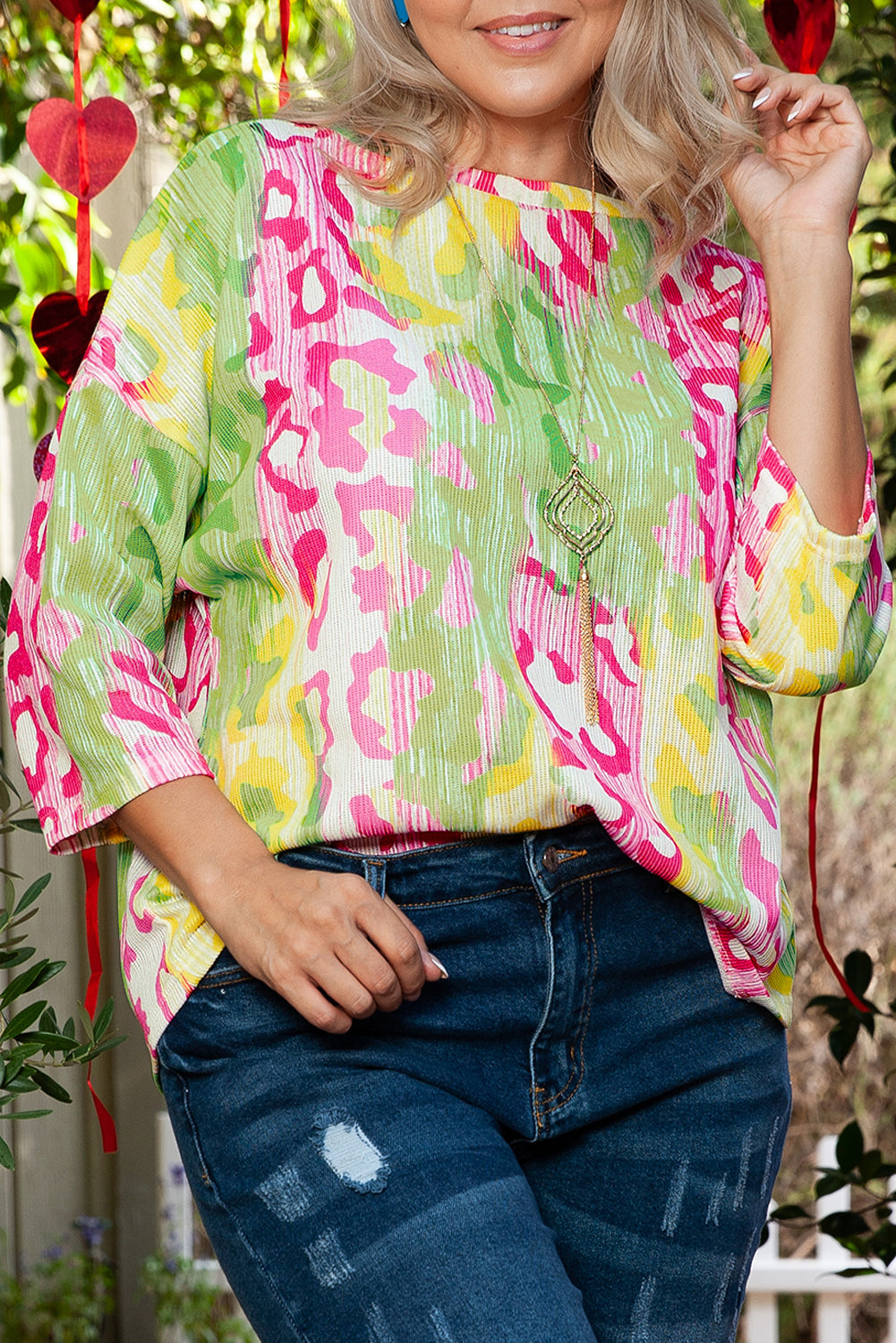 T-shirt Léopard Color Block Tricoté a Col Rond Grande Taille