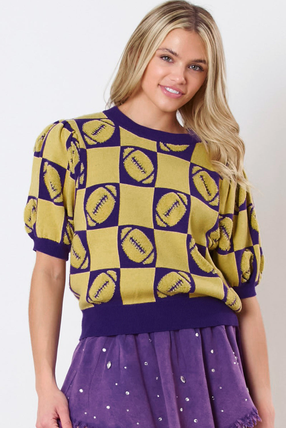 Pull a manches courtes bouffantes en blocs de couleurs a carreaux Rugby