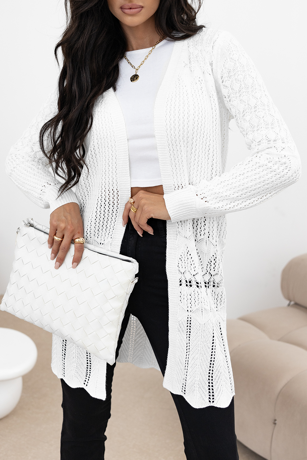 Cardigan ouvert sur le devant ajouré au crochet