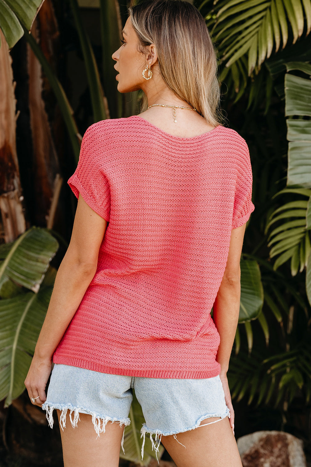 Pull uni a manches chauve-souris courtes en tricot ample