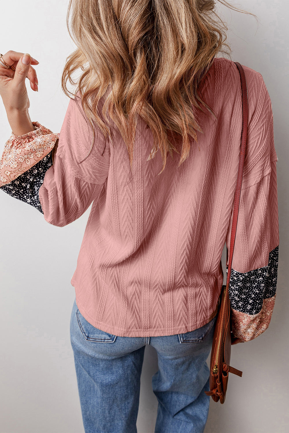 Blouse a col en V avec cordon de serrage en tricot texturé patchwork floral