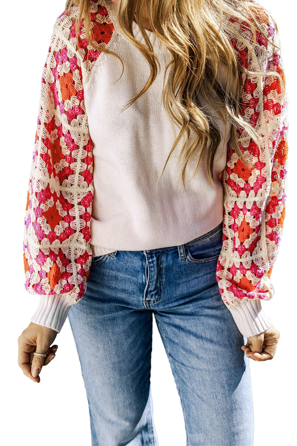 Pull en tricot contrasté à manches bouffantes au crochet