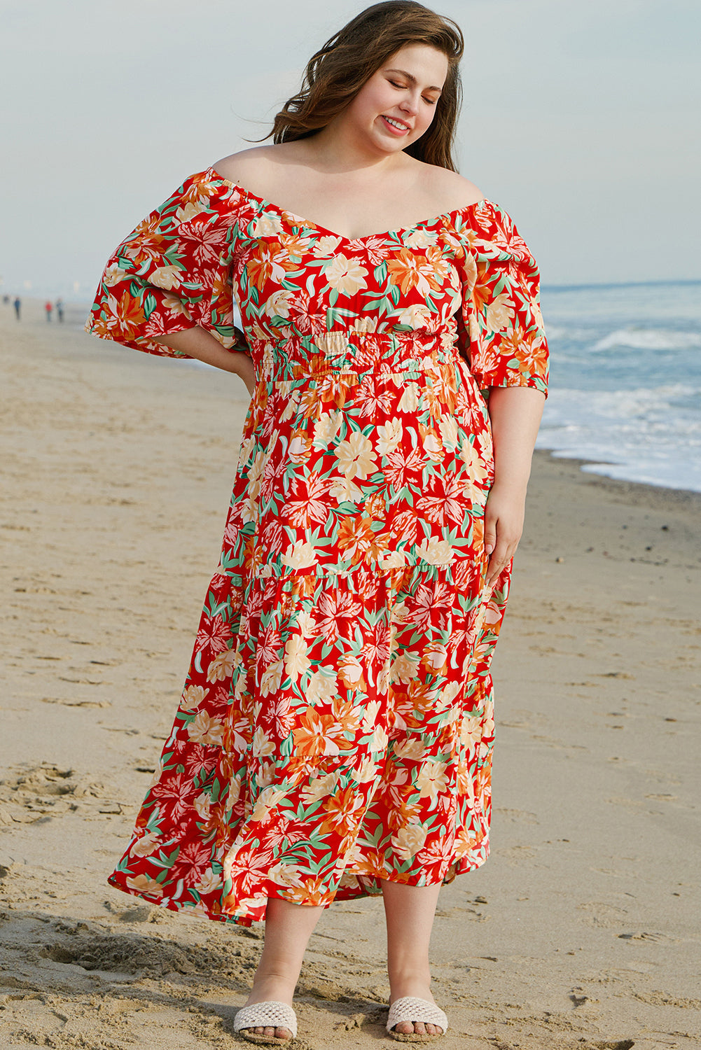 Robe longue grande taille à fleurs, col en V, manches flottantes, taille cintrée