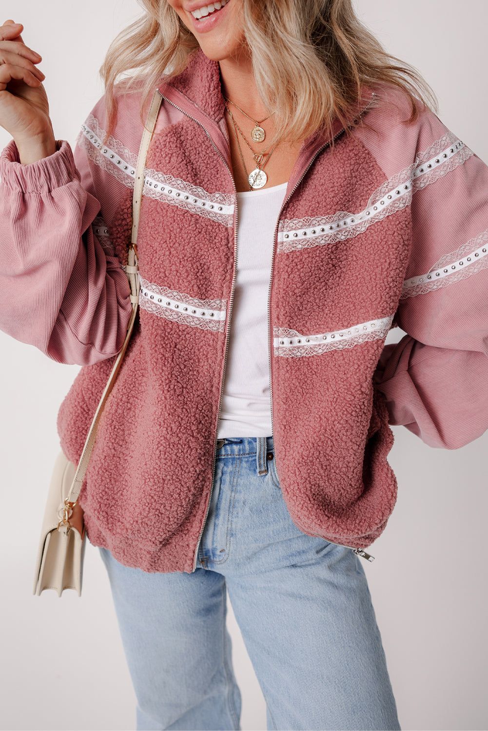 Veste zippée en sherpa patchwork en dentelle avec poignets élastiques