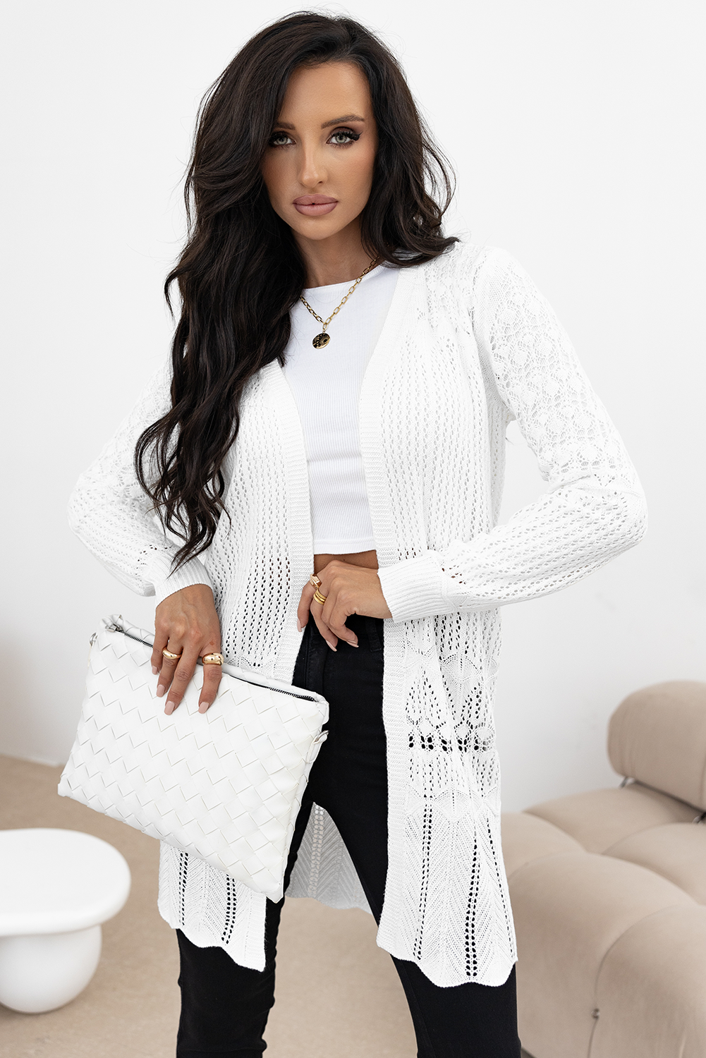 Cardigan ouvert sur le devant ajouré au crochet