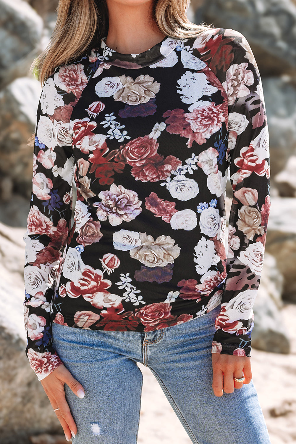 Haut slim à manches longues et col montant, imprimé floral en maille