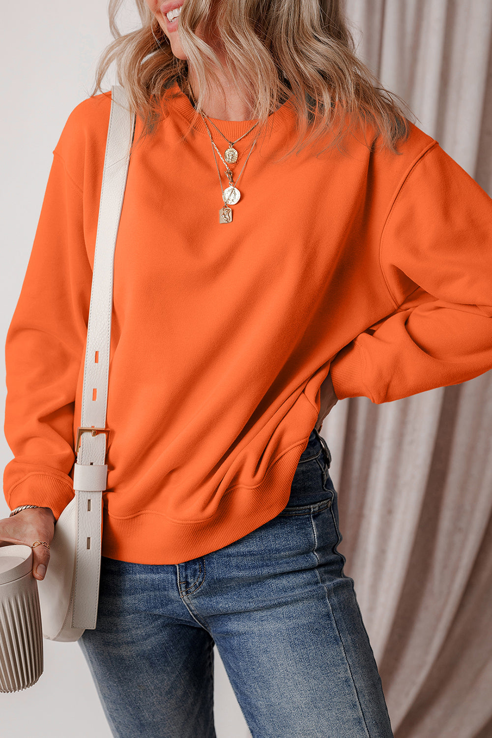 Sweat-shirt en tissu éponge à épaules tombantes doublé de polaire uni