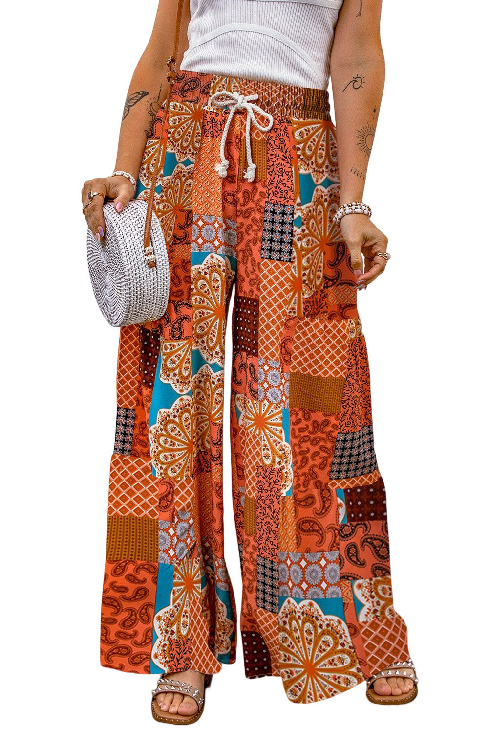 Pantalon large à cordon de serrage et imprimé patchwork bohème orange