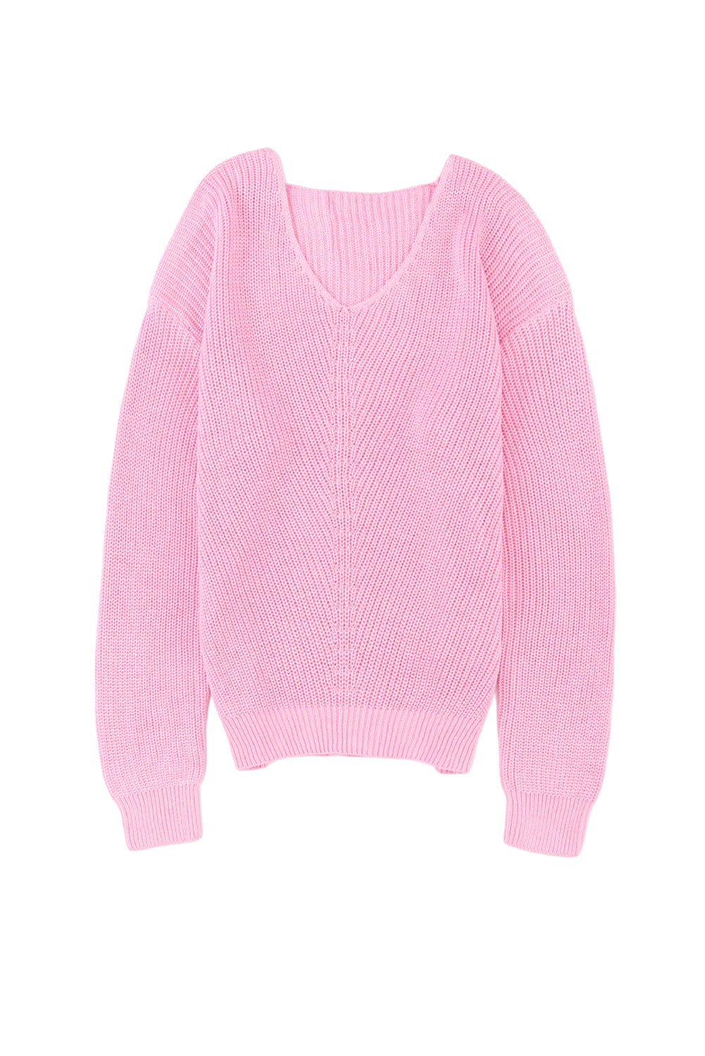 Pull rose en maille côtelée à col en V
